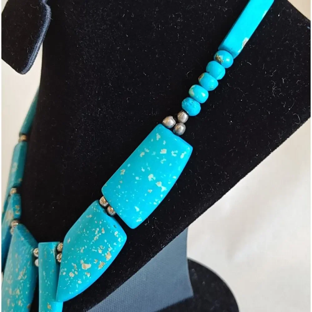 Blue Turquoise Statement Necklace Gold Art Deco Resin‎ Chunky Tribal Choker 8 in
